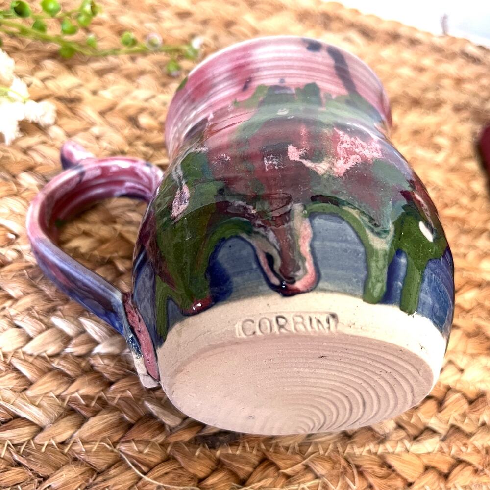 Paul Corbin Studio Potter Mug Thumb Rest Handle Colorful Abstract Drip Glaze - Picture 7 of 9